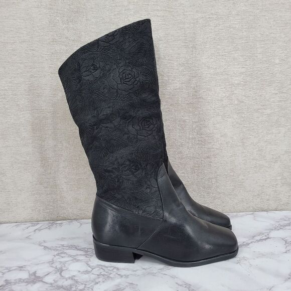 Makron Suela Black Leather and Floral Suede Semi Slochy Women's Boots - Picture 2 of 15